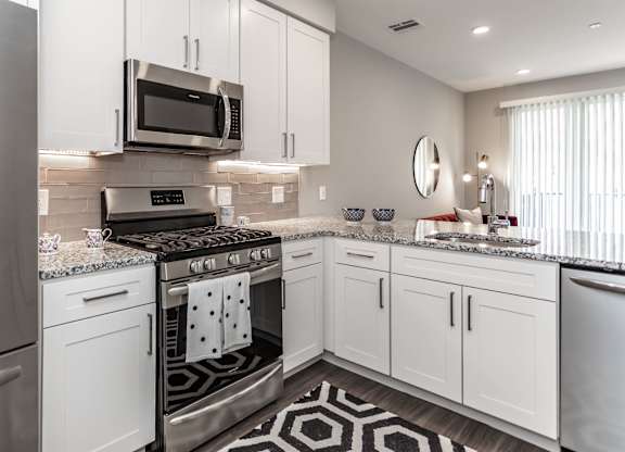 A modern kitchen with white cabinets and a black and white patterned rug.