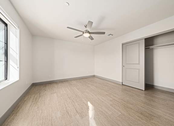 A room with a ceiling fan and a cat.