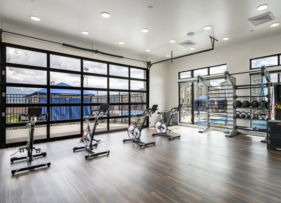 a fitness room with weights and cardio machines and a view of the pool