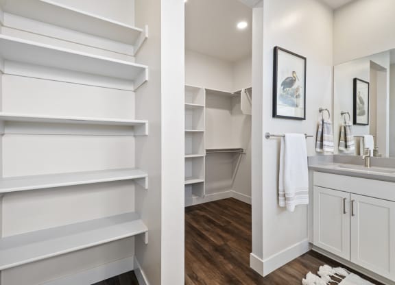 Decorated bathroom with walk-closet attached and built in storage shelving
