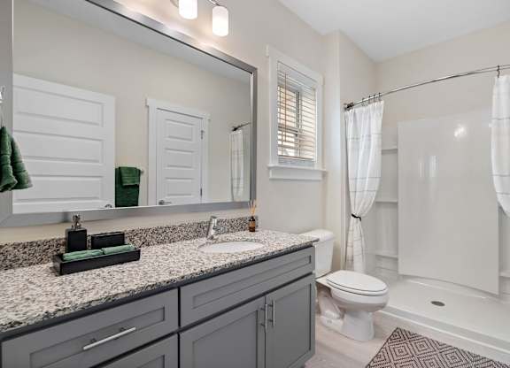 A bathroom with a toilet, sink, and shower.at 198 Milltown Apartments, Burlington North Carolina  