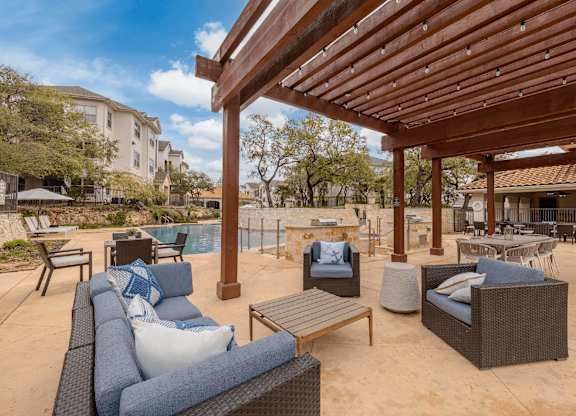 Patio with couch at Pecan Springs, San Antonio, Texas
