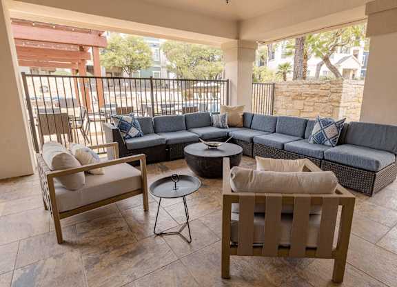 Covered patio with couch at Pecan Springs, San Antonio, Texas