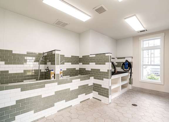 A bathroom with a tiled shower and a window. at Concord Ridge Apartments, North Carolina