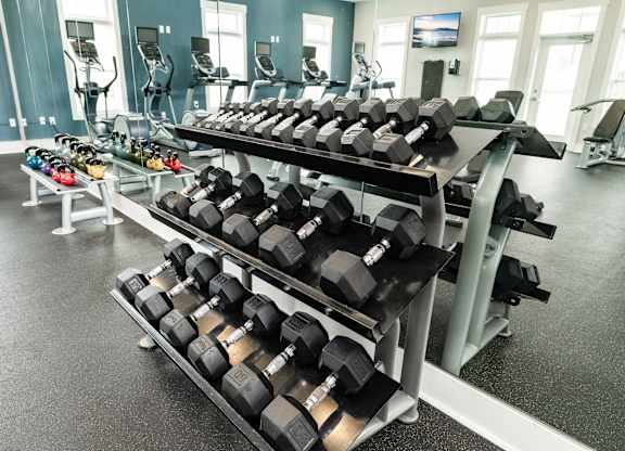 A gym with a variety of dumbbells on racks. at Concord Ridge Apartments, Concord, North Carolina