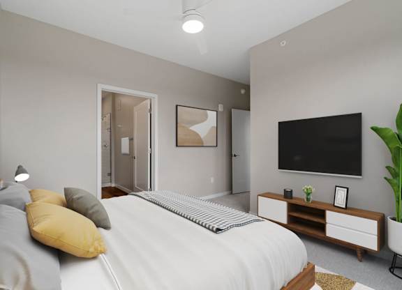 apartment bedroom with walk-in closet and en suite bathroom at The Hallon Apartments, Hopkins, Minnesota