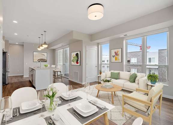 open concept apartment with dining and living area at The Hallon Apartments, Hopkins