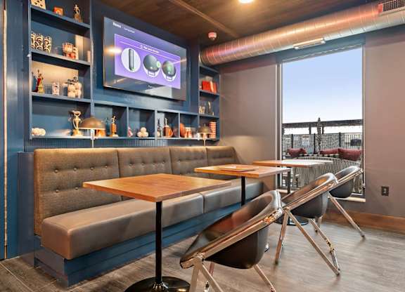 Booth seating in Harley's at The Hallon Apartments,  Hopkins, Minnesota, 55343