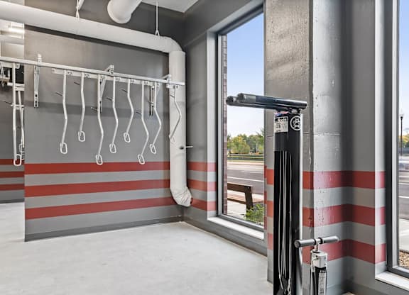 Bike room with Repair Equipment at The Hallon Apartments,  Hopkins, MN, 55343