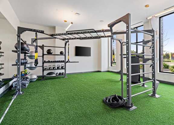 Fitness Center with Free Weights at The Hallon Apartments,  Hopkins