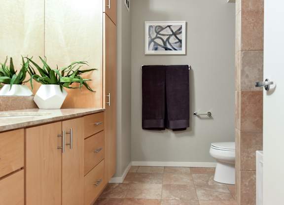 a bathroom with a toilet and a sink and a towel rack at Optima Old Orchard Woods, Skokie, IL