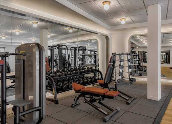 A gym with a variety of equipment including weights and machines.