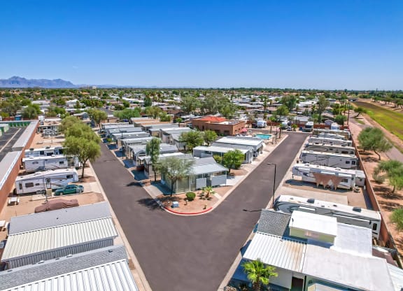 an aerial view of a mobile home park in a city