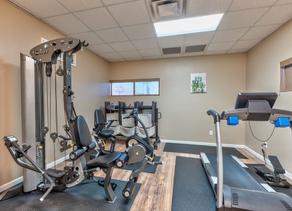 gym with exercise equipment at the enclave at woodbridge apartments in sugar land