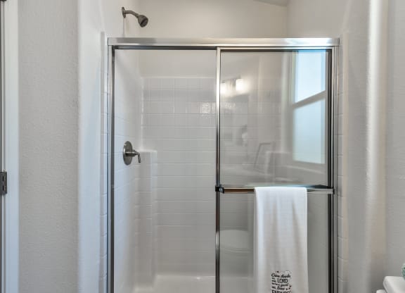 a shower with a glass door in a bathroom