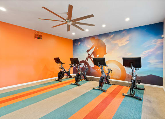 Gym with exercise bikes and a mural of a man riding a bike at Verde Apartments in Tucson, AZ.
