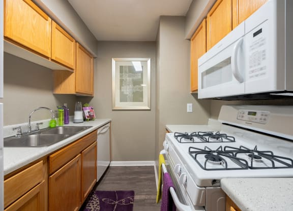 Kitchen with a white stove top oven next to a sink and a window at Envue Apartments, Bryan, TX, 77802