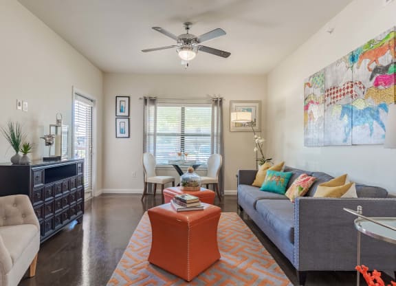 living room with furniture and a ceiling fan  at Legacy Brooks, San Antonio, 78223