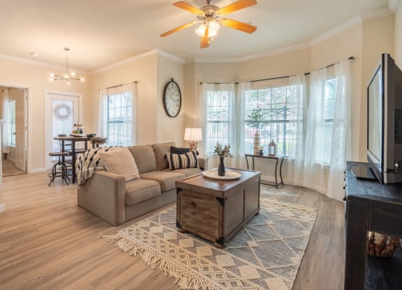 Living room with a couch and coffee table at Park Hudson Place Apartments, Bryan, TX, 77802
