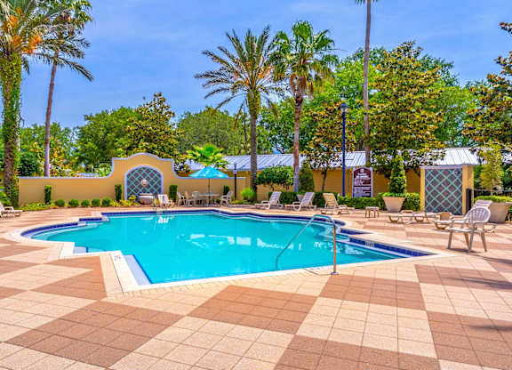 A large outdoor swimming pool surrounded by palm trees and lounge chairs.