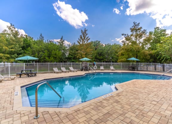 a swimming pool with chairs and umbrellas in a backyard with trees