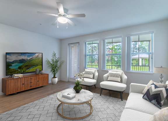 A living room with a television, a sofa, a coffee table, and a potted plant.