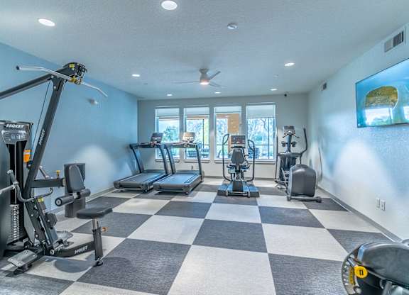 A spacious home gym with a variety of exercise equipment.