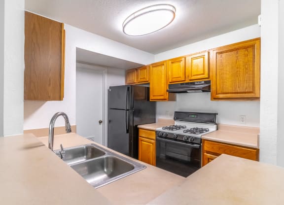 a kitchen with a sink and a stove and a refrigerator