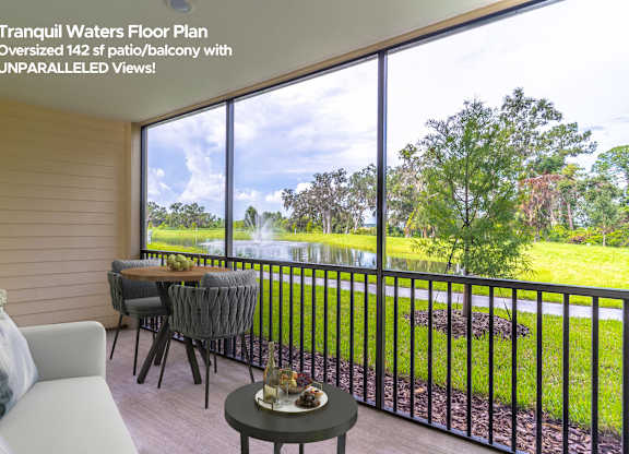 A living room with a view of a tranquil waters floor plan.