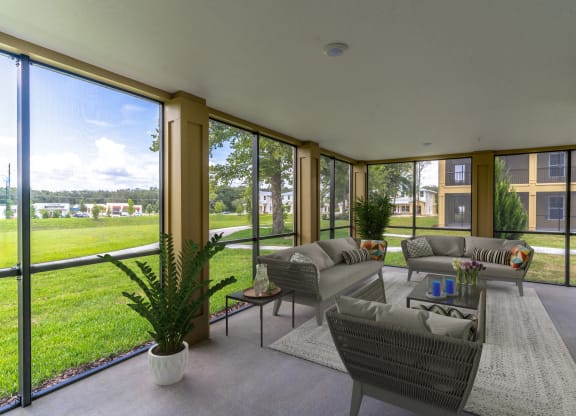 a screened patio with a view