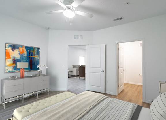 A bedroom with a bed, dresser, and painting.