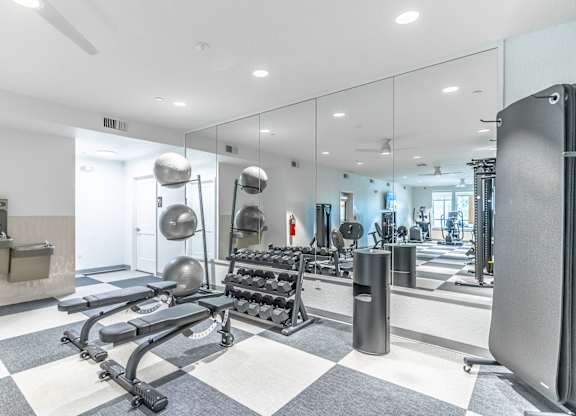 A gym with a variety of equipment including weights and a bench press.