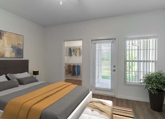 A bedroom with a bed, a plant, and a painting on the wall.