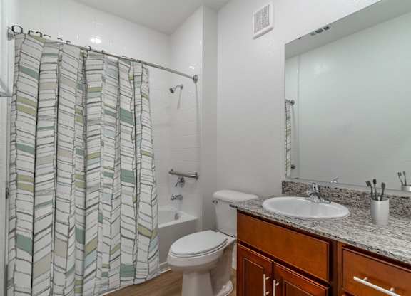 A bathroom with a toilet, sink, and shower curtain.