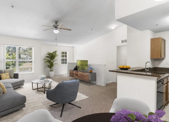 Upstairs - Living Room, Dining Room, and Kitchen