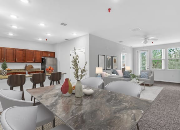 Kitchen, Dining, Living Room