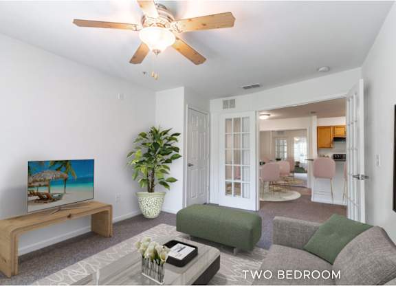 A living room with a flat screen TV and a plant.