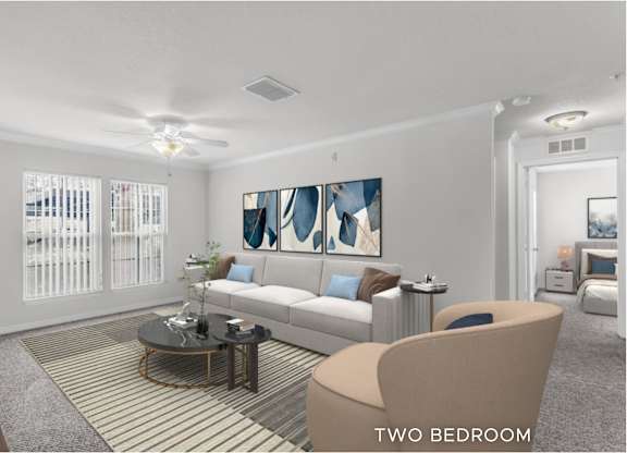 A living room with a two bedroom apartment.
