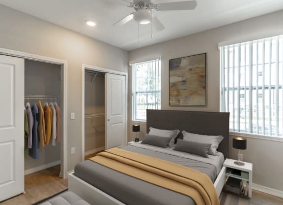 a bedroom with a bed and a closet