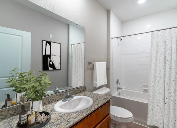 a bathroom with a sink and a shower and a toilet