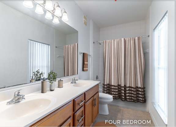 A bathroom with a sink, mirror, toilet, and shower.