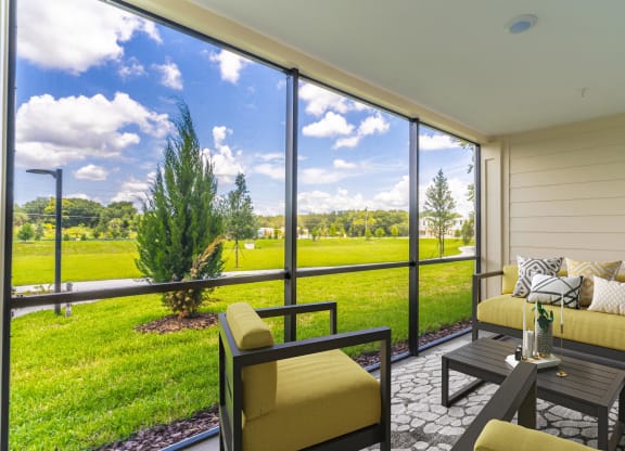 a screened patio with a view