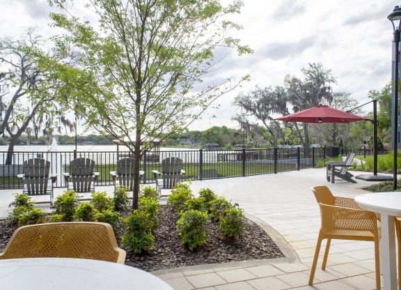 Seating area by lake