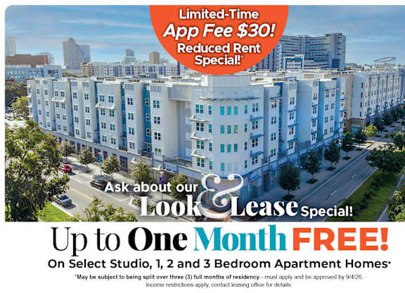 Up to One Month Free on Select Studio, 1, 2, and 3 Bedroom Apartment Homes* Ask About our Look and Lease Special!