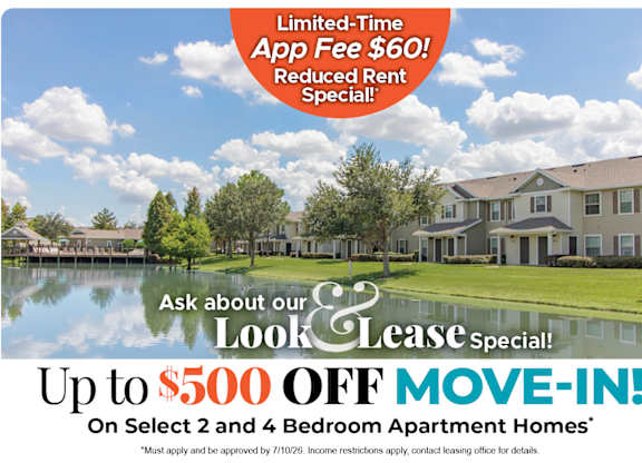 A promotional image for a limited-time app fee reduction and move-in special for apartment homes.