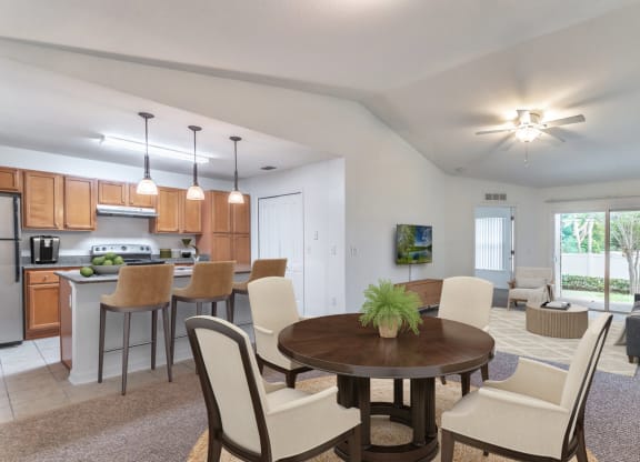 Kitchen, Dining, Living Room with a table, chairs, and living space
