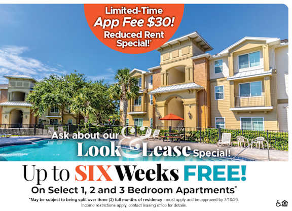 A promotional image for a lease special offering up to six weeks free on select 1, 2, and 3 bedroom apartments.