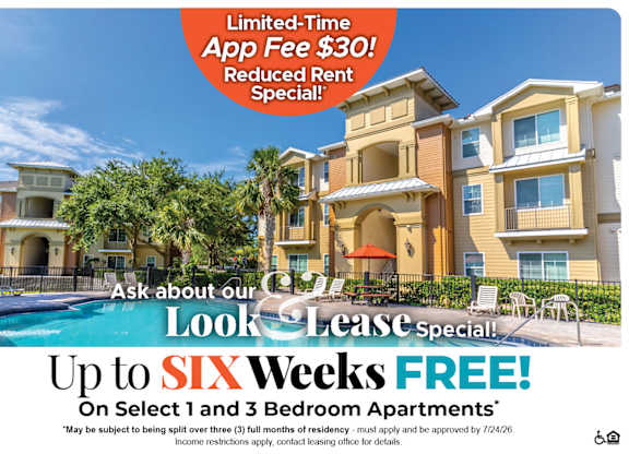 Up to Six Weeks Free on Select 1 and 3 Bedroom Apartment Homes* Ask about our look and lease special!