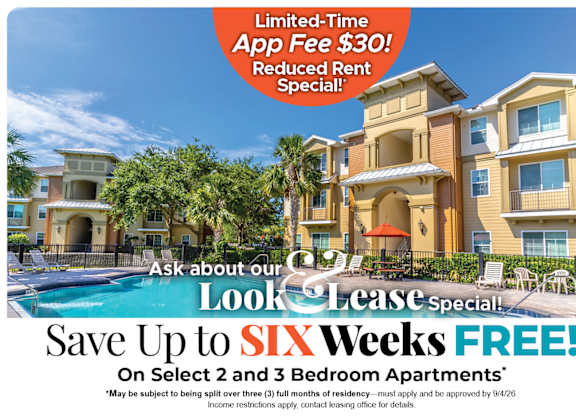 Save Up to Six Weeks Free on Select 2 and 3 Bedroom Apartment Homes* Ask About our Look and Lease Special!