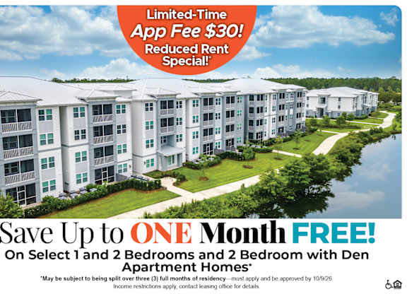 Apartment complex advertisement offering a limited-time app fee discount and free one month rent for select apartments.